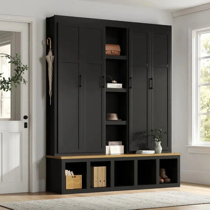 Hall Tree Storage Cabinet with 4/6 Hidden Hooks, Bench, and Open Compartments