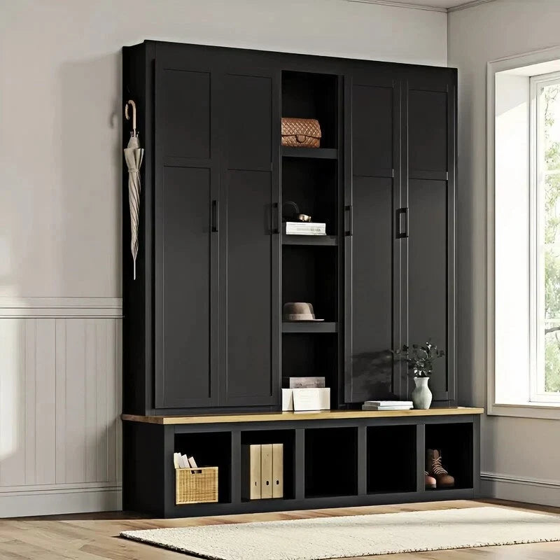 Hall Tree Storage Cabinet with 4/6 Hidden Hooks, Bench, and Open Compartments