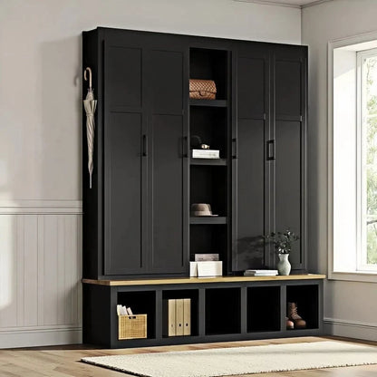 Hall Tree Storage Cabinet with 4/6 Hidden Hooks, Bench, and Open Compartments