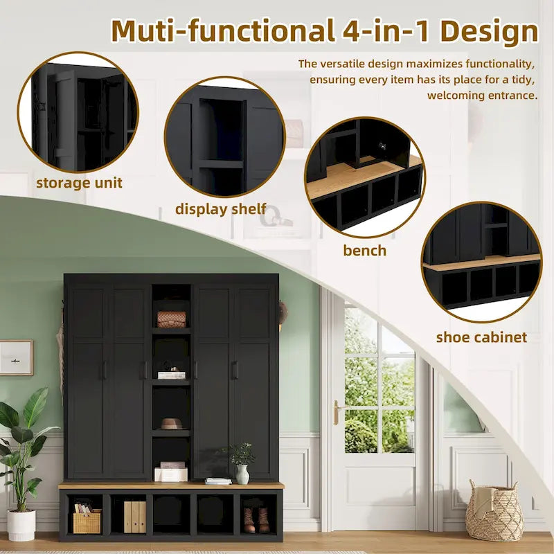 Hall Tree Storage Cabinet with 4/6 Hidden Hooks, Bench, and Open Compartments