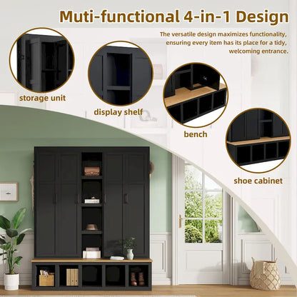 Hall Tree Storage Cabinet with 4/6 Hidden Hooks, Bench, and Open Compartments