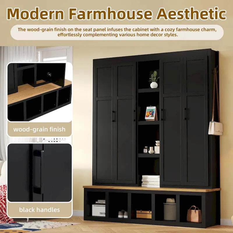 Hall Tree Storage Cabinet with 4/6 Hidden Hooks, Bench, and Open Compartments