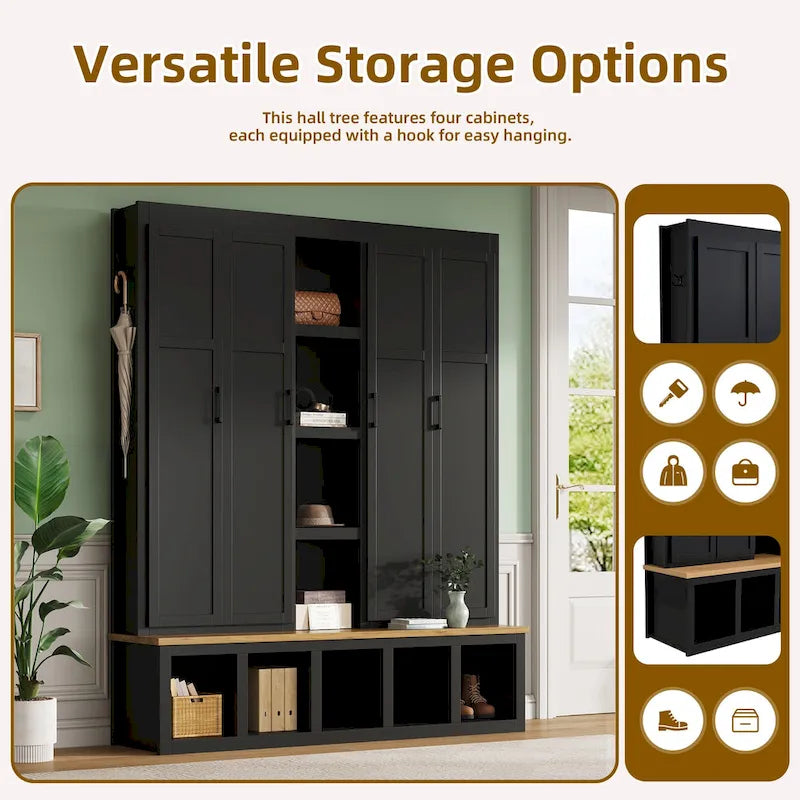 Hall Tree Storage Cabinet with 4/6 Hidden Hooks, Bench, and Open Compartments