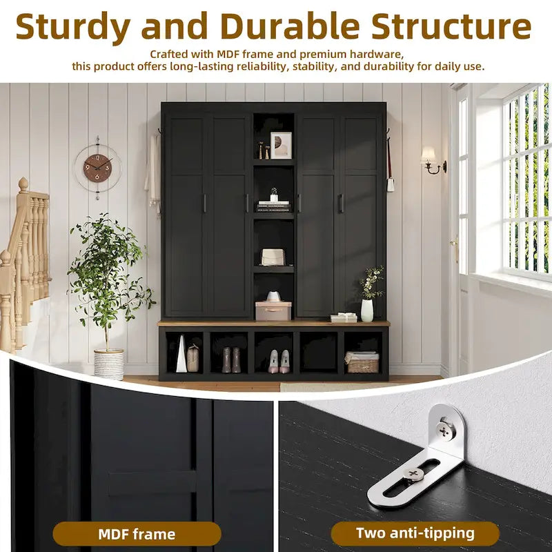 Hall Tree Storage Cabinet with 4/6 Hidden Hooks, Bench, and Open Compartments