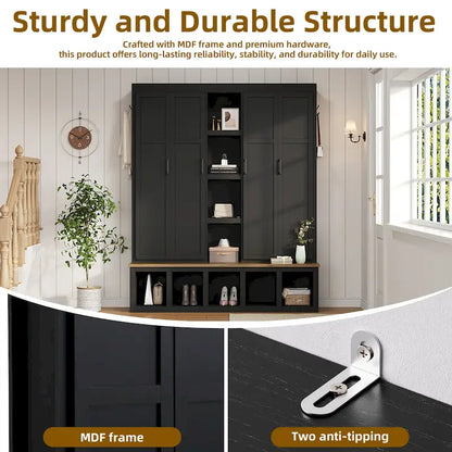 Hall Tree Storage Cabinet with 4/6 Hidden Hooks, Bench, and Open Compartments