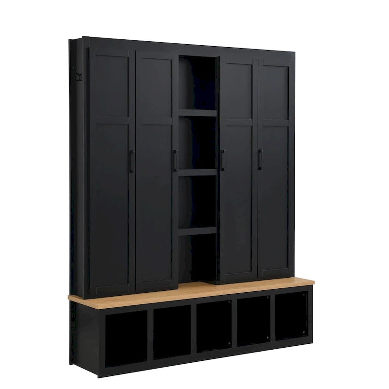 Hall Tree Storage Cabinet with 4/6 Hidden Hooks, Bench, and Open Compartments