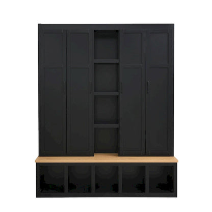 Hall Tree Storage Cabinet with 4/6 Hidden Hooks, Bench, and Open Compartments