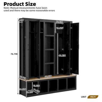 Hall Tree Storage Cabinet with 4/6 Hidden Hooks, Bench, and Open Compartments