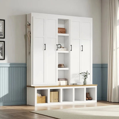 Hall Tree Storage Cabinet with 4/6 Hidden Hooks, Bench, and Open Compartments