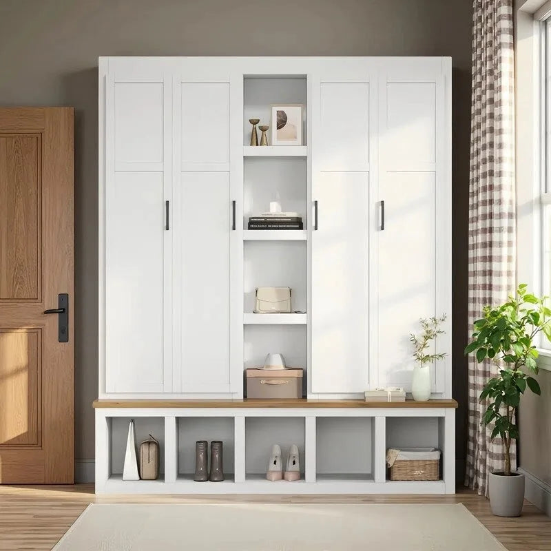 Hall Tree Storage Cabinet with 4/6 Hidden Hooks, Bench, and Open Compartments