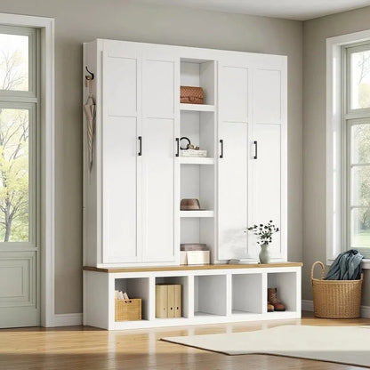 Hall Tree Storage Cabinet with 4/6 Hidden Hooks, Bench, and Open Compartments