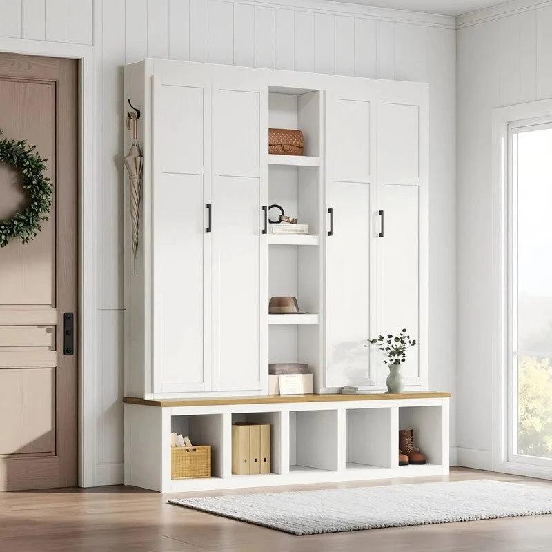 Hall Tree Storage Cabinet with 4/6 Hidden Hooks, Bench, and Open Compartments