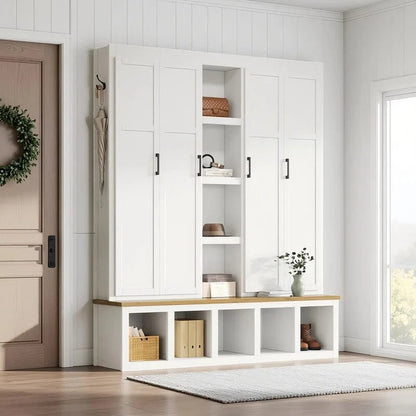 Hall Tree Storage Cabinet with 4/6 Hidden Hooks, Bench, and Open Compartments