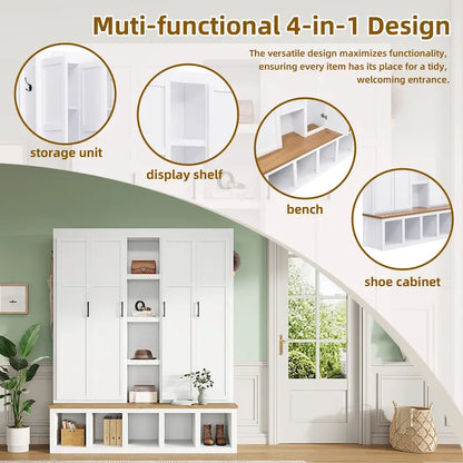Hall Tree Storage Cabinet with 4/6 Hidden Hooks, Bench, and Open Compartments