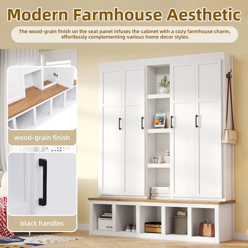 Hall Tree Storage Cabinet with 4/6 Hidden Hooks, Bench, and Open Compartments