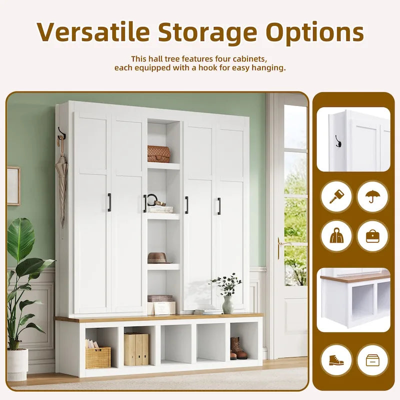 Hall Tree Storage Cabinet with 4/6 Hidden Hooks, Bench, and Open Compartments