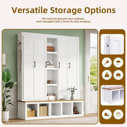 Hall Tree Storage Cabinet with 4/6 Hidden Hooks, Bench, and Open Compartments