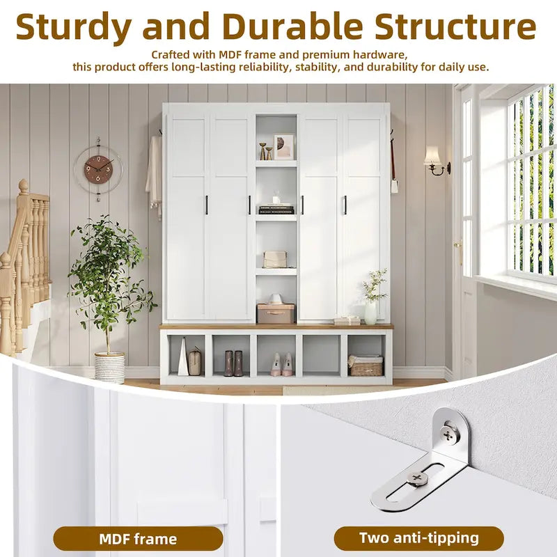 Hall Tree Storage Cabinet with 4/6 Hidden Hooks, Bench, and Open Compartments