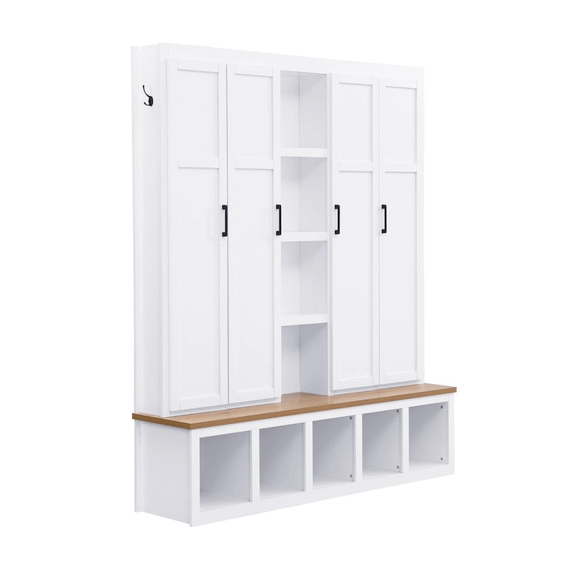 Hall Tree Storage Cabinet with 4/6 Hidden Hooks, Bench, and Open Compartments