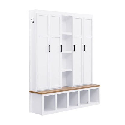 Hall Tree Storage Cabinet with 4/6 Hidden Hooks, Bench, and Open Compartments