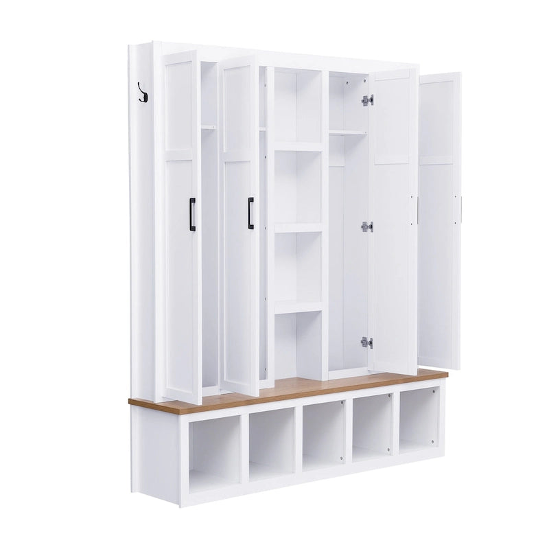 Hall Tree Storage Cabinet with 4/6 Hidden Hooks, Bench, and Open Compartments