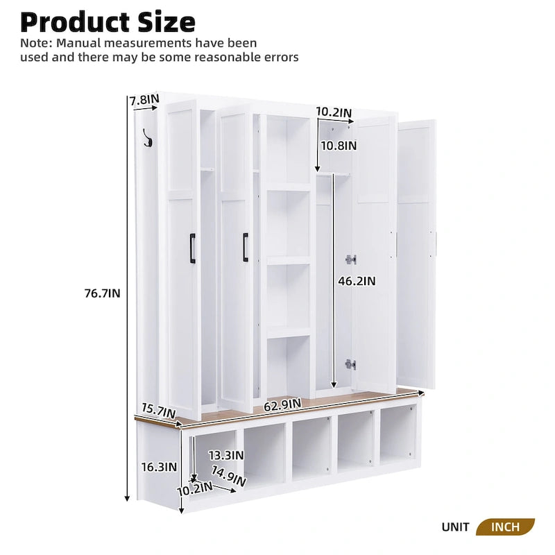 Hall Tree Storage Cabinet with 4/6 Hidden Hooks, Bench, and Open Compartments