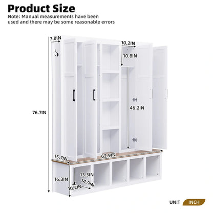 Hall Tree Storage Cabinet with 4/6 Hidden Hooks, Bench, and Open Compartments