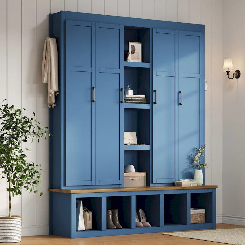 Hall Tree Storage Cabinet with 4/6 Hidden Hooks, Bench, and Open Compartments
