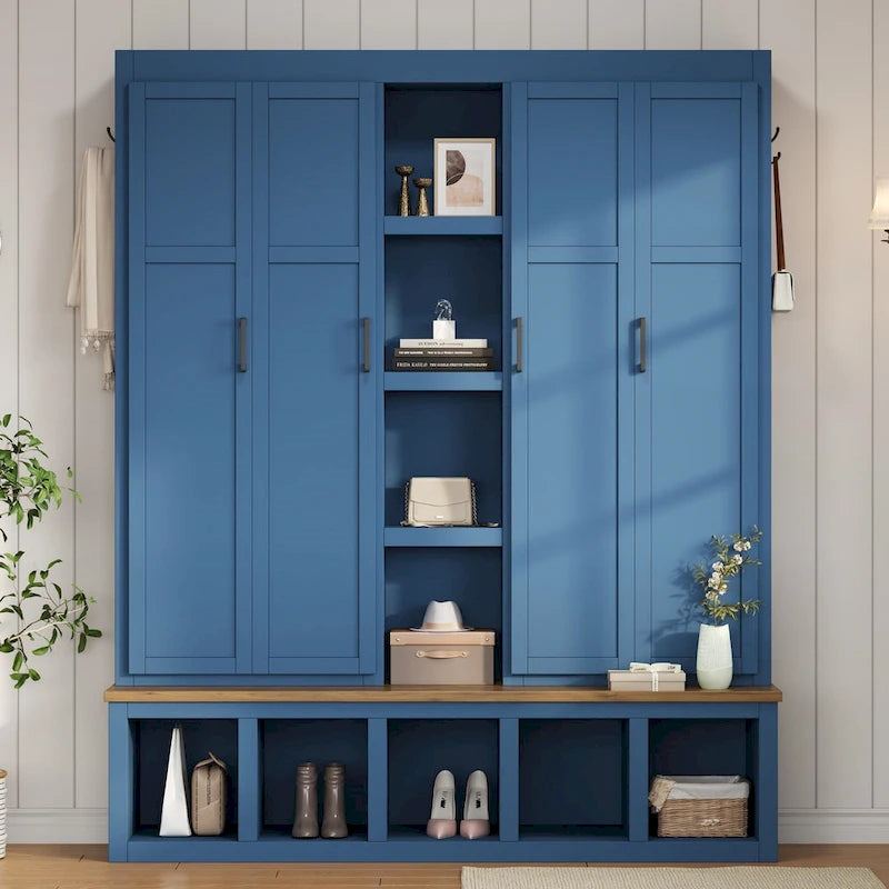 Hall Tree Storage Cabinet with 4/6 Hidden Hooks, Bench, and Open Compartments