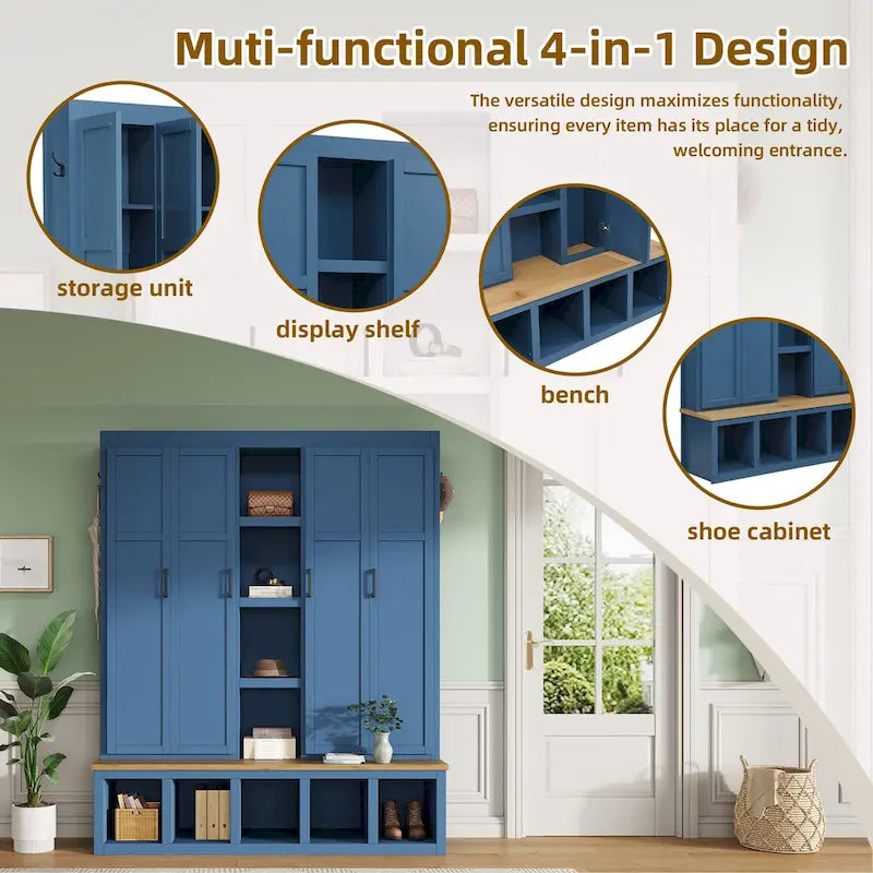 Hall Tree Storage Cabinet with 4/6 Hidden Hooks, Bench, and Open Compartments