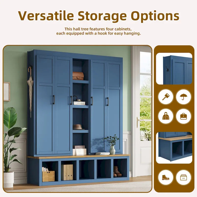 Hall Tree Storage Cabinet with 4/6 Hidden Hooks, Bench, and Open Compartments