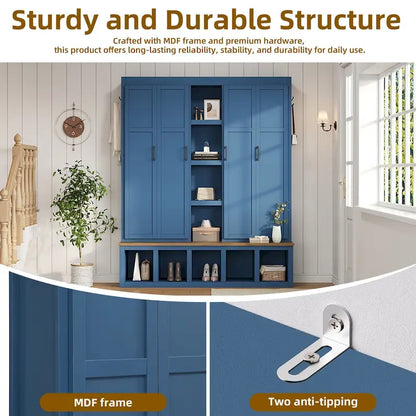 Hall Tree Storage Cabinet with 4/6 Hidden Hooks, Bench, and Open Compartments