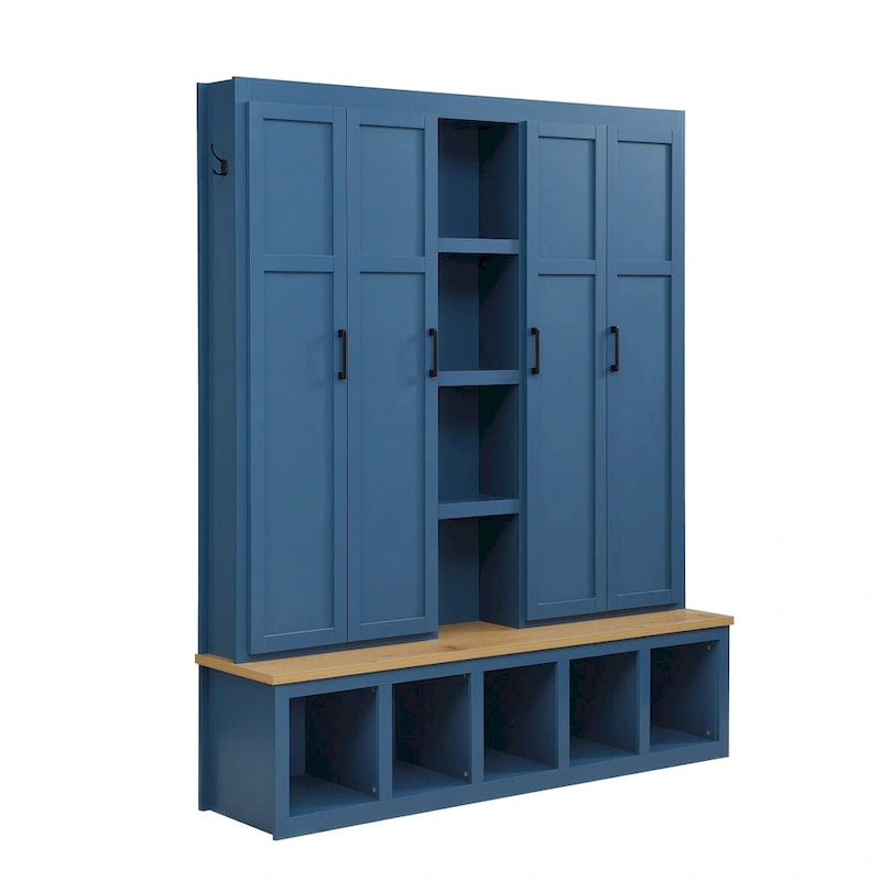 Hall Tree Storage Cabinet with 4/6 Hidden Hooks, Bench, and Open Compartments