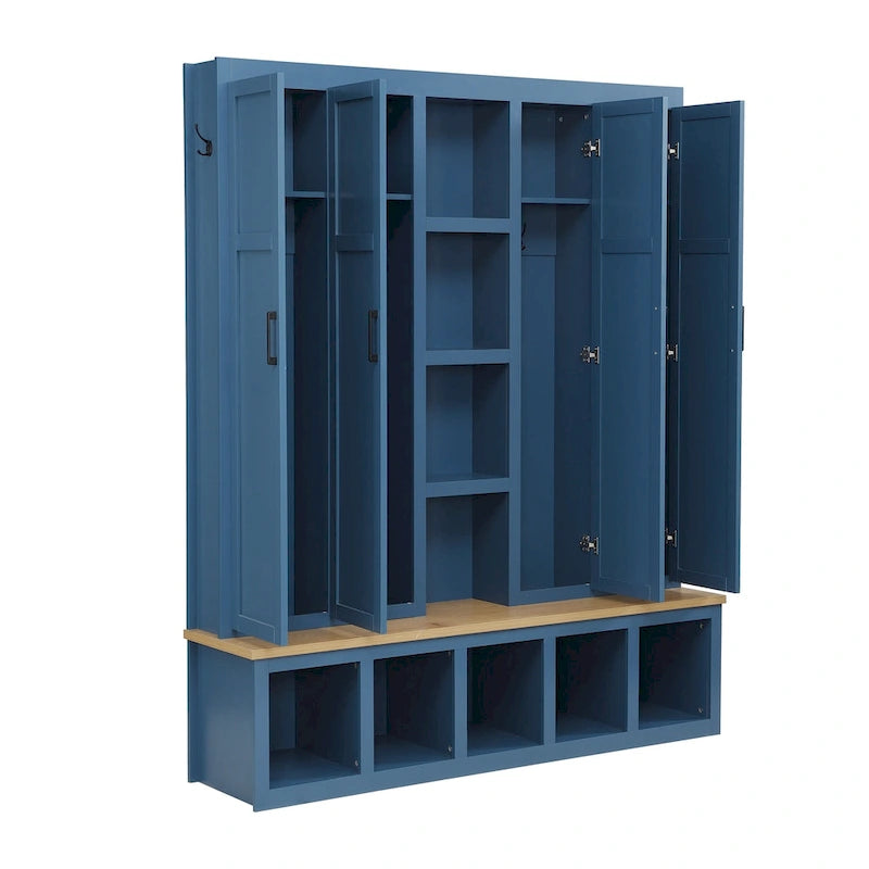 Hall Tree Storage Cabinet with 4/6 Hidden Hooks, Bench, and Open Compartments