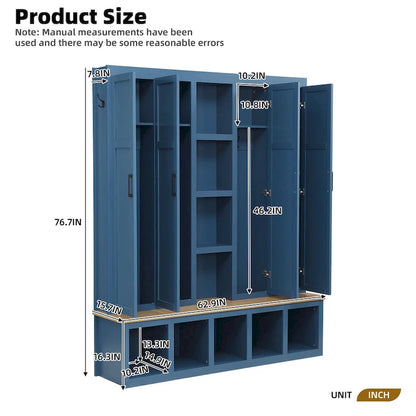 Hall Tree Storage Cabinet with 4/6 Hidden Hooks, Bench, and Open Compartments