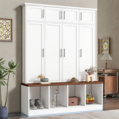 Hall Tree Storage Cabinet with 4/6 Hidden Hooks, Bench, and Open Compartments