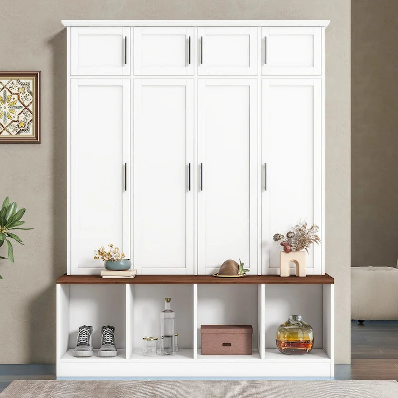Hall Tree Storage Cabinet with 4/6 Hidden Hooks, Bench, and Open Compartments