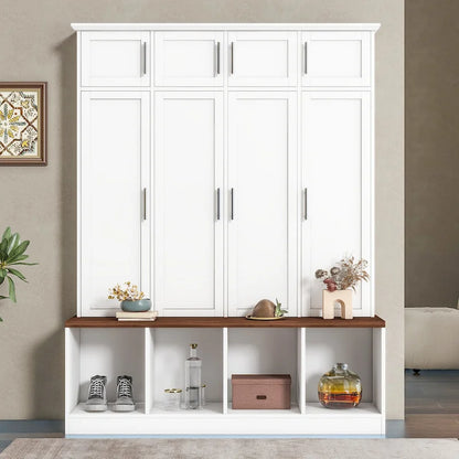 Hall Tree Storage Cabinet with 4/6 Hidden Hooks, Bench, and Open Compartments