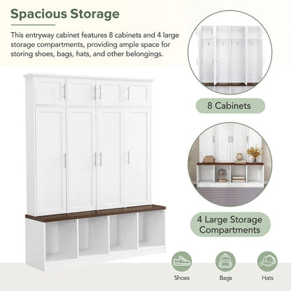 Hall Tree Storage Cabinet with 4/6 Hidden Hooks, Bench, and Open Compartments