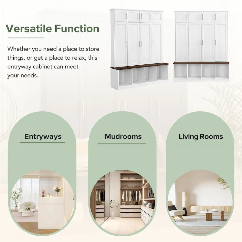 Hall Tree Storage Cabinet with 4/6 Hidden Hooks, Bench, and Open Compartments