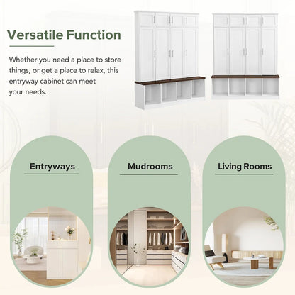 Hall Tree Storage Cabinet with 4/6 Hidden Hooks, Bench, and Open Compartments