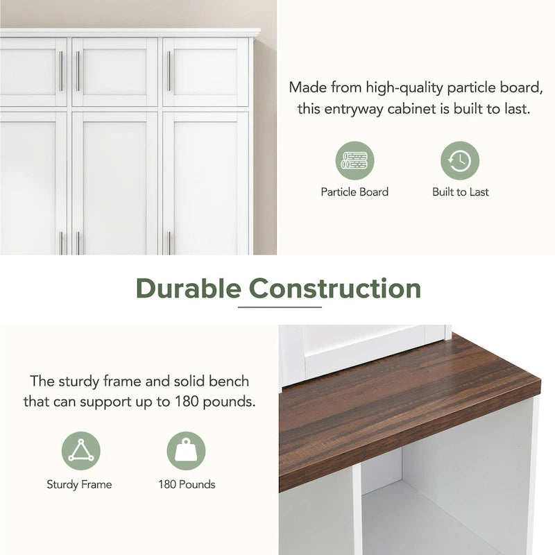 Hall Tree Storage Cabinet with 4/6 Hidden Hooks, Bench, and Open Compartments