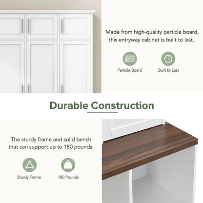 Hall Tree Storage Cabinet with 4/6 Hidden Hooks, Bench, and Open Compartments