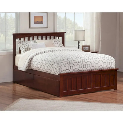 Mission Queen Platform Bed with 2 Bed Drawers in Walnut