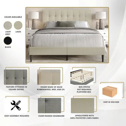 CraftPorch Clean-Lines Stitching Linen Upholstered Bed