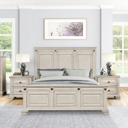 Roundhill Furniture Renova 3-Piece Distressed Parchment Wood Bedroom Set, Panel Bed with 2 Nightstands