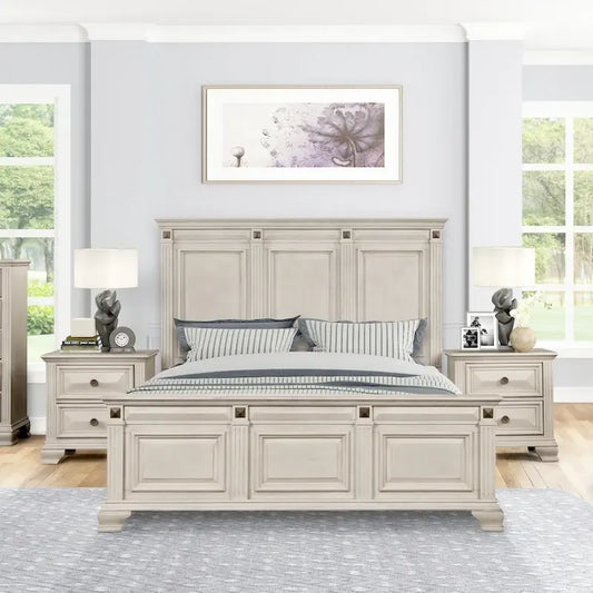 Roundhill Furniture Renova 3-Piece Distressed Parchment Wood Bedroom Set, Panel Bed with 2 Nightstands