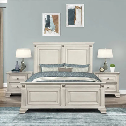 Roundhill Furniture Renova 3-Piece Distressed Parchment Wood Bedroom Set, Panel Bed with 2 Nightstands