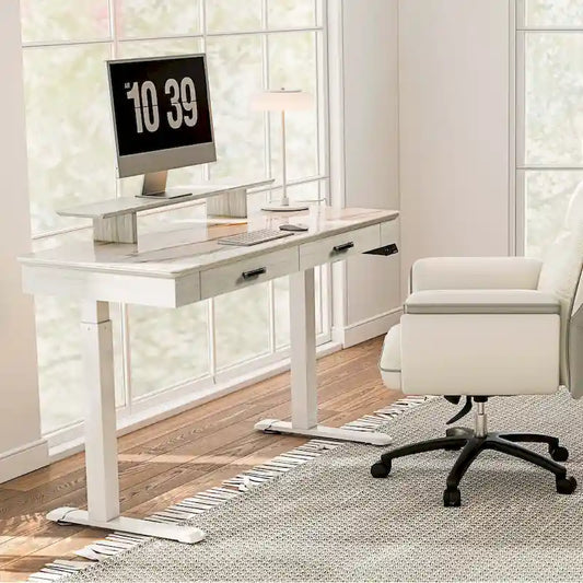 Eureka Ergonomic 55 Slate Stone Standing Desk Executive Writing Desk with 2 Drawers & Monitor Stand