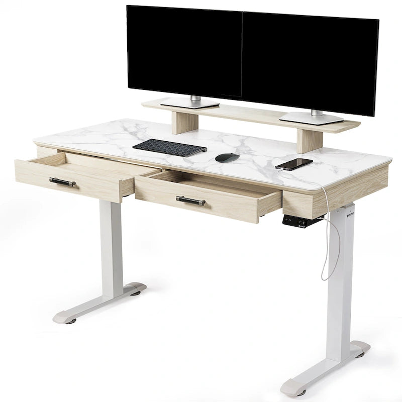 Eureka Ergonomic 55 Slate Stone Standing Desk Executive Writing Desk with 2 Drawers & Monitor Stand